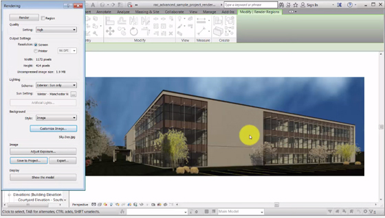 Revit 2017 features Daylight Rendering to render a view with Sunlight
